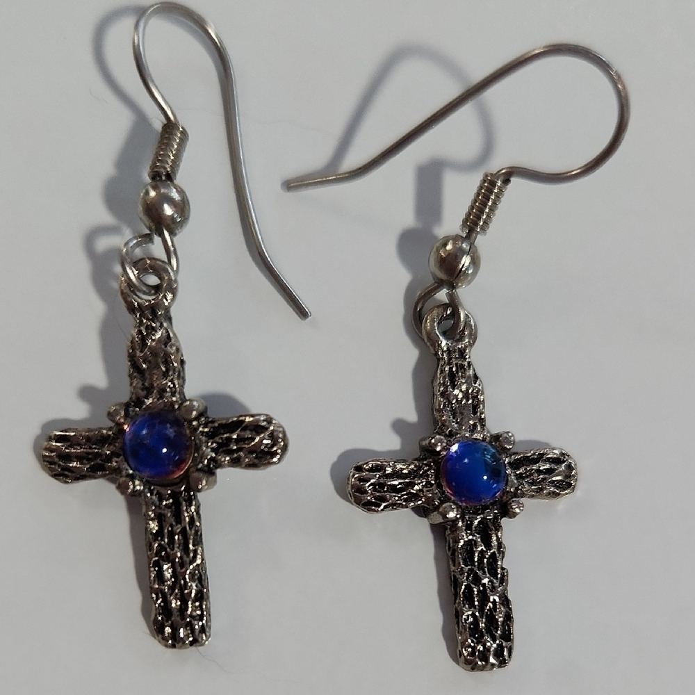 Blue and Silvertone Filigree Drop Earrings